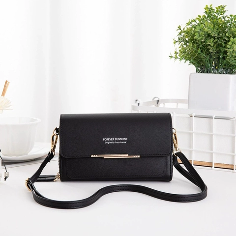 Bolso Bandolera de Mujer de Cuero PU con Textura de Lichi Cartera Larga Bolso para Celular con Decoración de Metal Dorado