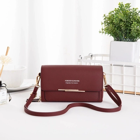 Bolso Bandolera de Mujer de Cuero PU con Textura de Lichi Cartera Larga Bolso para Celular con Decoración de Metal Dorado
