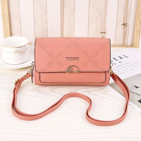 Bolso De Hombro De Cuero PU Para Mujer Bolso Para Teléfono Móvil Estilo Coreano Bolso Bandolera Calado Con Relieve Y Hebilla Metálica Floral