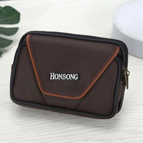 Sac de Ceinture pour Téléphone Portable en Cuir PU Décontracté pour Hommes Pochette de Taille à Double Fermeture Éclair Extérieur