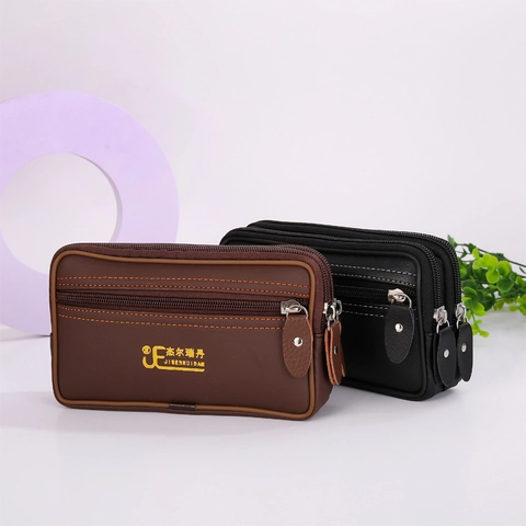 Herren Gürteltasche aus PU-Leder Mehrlagige Reißverschlusstasche Handy-Pouch Vintage-Gürteltasche Business-Casual-Minibag