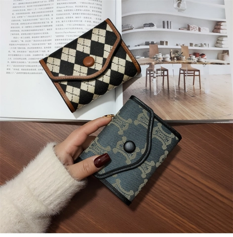 Vintage PU-Leder Faltbare Brieftasche Für Damen Geometrisches Muster Kariert Kartenhalter Kleiner Geldbeutel Retro Schnalle Kurze Geldbörse