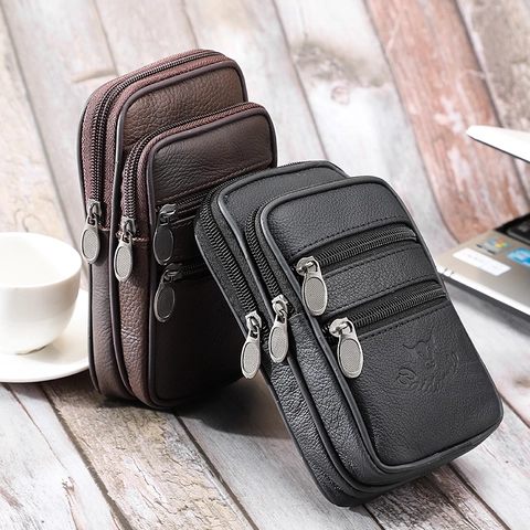 Sacoche Ceinture Homme en Cuir PU Pochette Téléphone Fermeture Éclair Multicouche Motif Litchi Sac Business Décontracté Homme