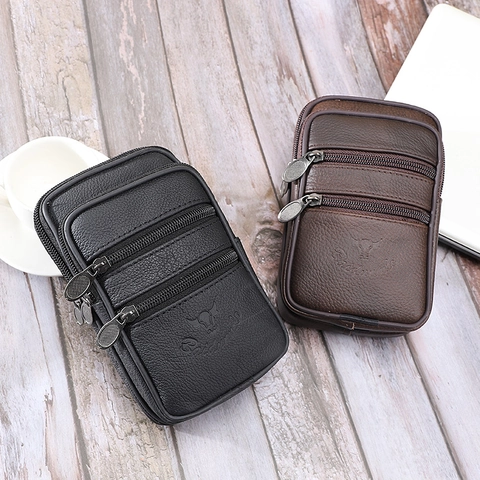 Sacoche Ceinture Homme en Cuir PU Pochette Téléphone Fermeture Éclair Multicouche Motif Litchi Sac Business Décontracté Homme