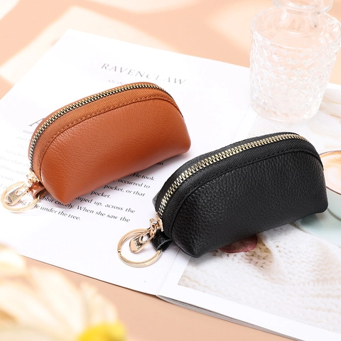 Mini Porte-monnaie en Cuir Véritable Motif Litchi Petit Portefeuille Zippé Avec Porte-clés Métallique pour Femme Pochette Clés