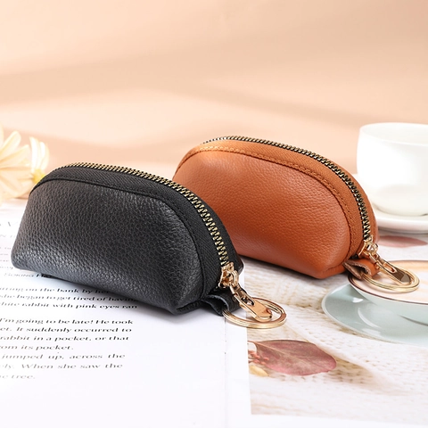 Mini Porte-monnaie en Cuir Véritable Motif Litchi Petit Portefeuille Zippé Avec Porte-clés Métallique pour Femme Pochette Clés