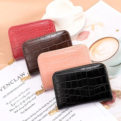 Tarjetero de Cuero PU con Textura de Cocodrilo para Mujer Estilo Acordeón Ranura para Varias Tarjetas Mini Monedero con Cremallera