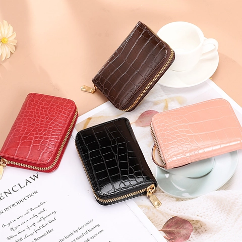 Tarjetero de Cuero PU con Textura de Cocodrilo para Mujer Estilo Acordeón Ranura para Varias Tarjetas Mini Monedero con Cremallera