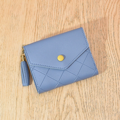 Cartera Corta de Tres Pliegues de Cuero PU para Mujer Patrón de Rombos Acolchado Decoración de Borla Porta Tarjetas Diario