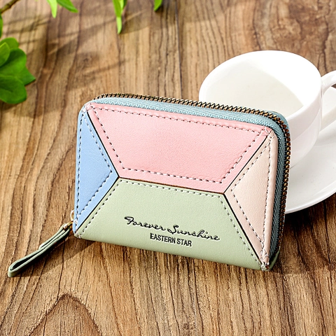Dames Patchwork Korte Rits Portemonnee PU Leer Multi Kaartsleuf Muntzakje Student Kleine Kaarthouder