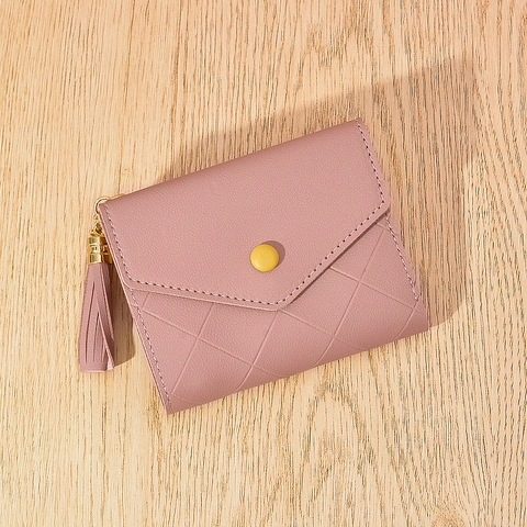 Cartera Corta de Tres Pliegues de Cuero PU para Mujer Patrón de Rombos Acolchado Decoración de Borla Porta Tarjetas Diario
