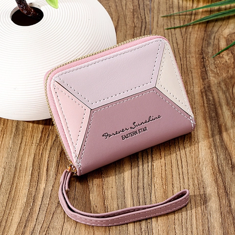 Petit Portefeuille Femme en Cuir PU Patchwork Avec Dragonne Porte-Monnaie Géométrique Zippé Sac à Main Rétro Coréen