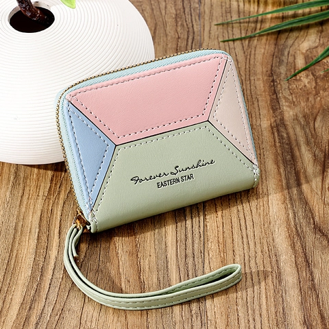 Petit Portefeuille Femme en Cuir PU Patchwork Avec Dragonne Porte-Monnaie Géométrique Zippé Sac à Main Rétro Coréen