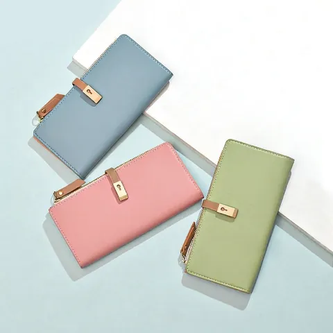 Minimalist Women Long Zipper Wallet PU Leather Solid Color Bifold Clutch Purse Daily Fashion Multi Slot Handbag For Lady