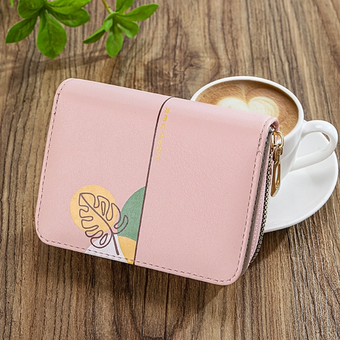 Damen PU-Leder Kurz Geldbörse Mit Reißverschluss Botanisch Blumen Print Kartenhalter Schüler Damen Mode Mini Portemonnee