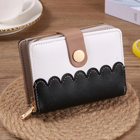 Cartera Corta de Cuero de PU para Mujer Bloque de Color Borde Festoneado Tarjetero con Cremallera y Hebilla Bolso de Mano