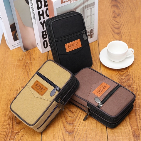 Heren Canvas Riem Heuptas Meerlaagse Rits Waterdichte Mobiele Telefoon Tas Outdoor Sport Casual Telefoonhoes Houder