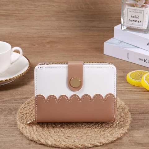 Cartera Corta de Cuero de PU para Mujer Bloque de Color Borde Festoneado Tarjetero con Cremallera y Hebilla Bolso de Mano