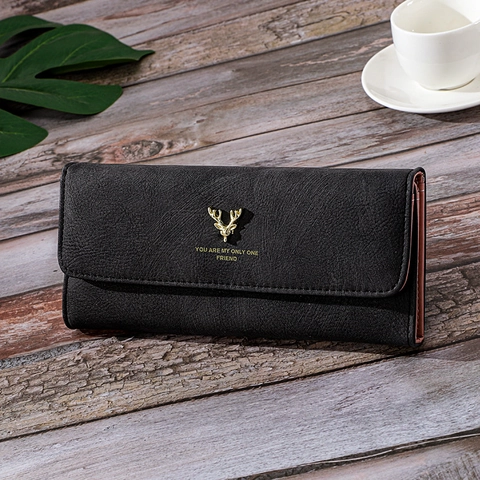 Portefeuille Long en Cuir PU Mat Rétro pour Femmes Décoration Tête de Cerf Dorée Grande Capacité Pochette