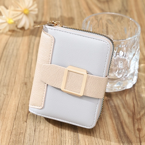 Women Short Wallet Color Blocked PU Leather Zip Coin Purse Slim Card Holder With Metal Buckle Small Fashion Clutch For Ladies