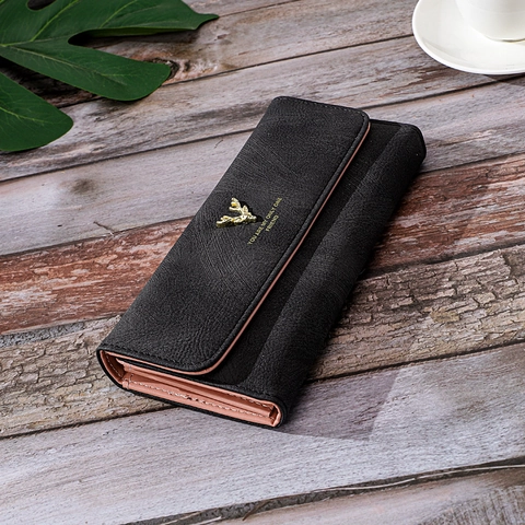 Portefeuille Long en Cuir PU Mat Rétro pour Femmes Décoration Tête de Cerf Dorée Grande Capacité Pochette