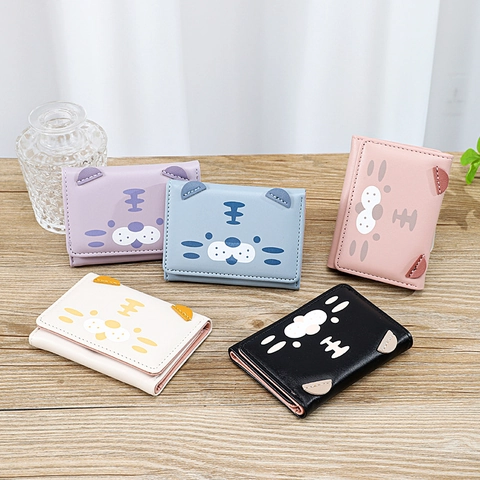 Cute Cartoon Tiger Embroidered Three Fold Short Wallet For Women PU Leather Animal Pattern Small Purse Multi Card Slots Daily Purse