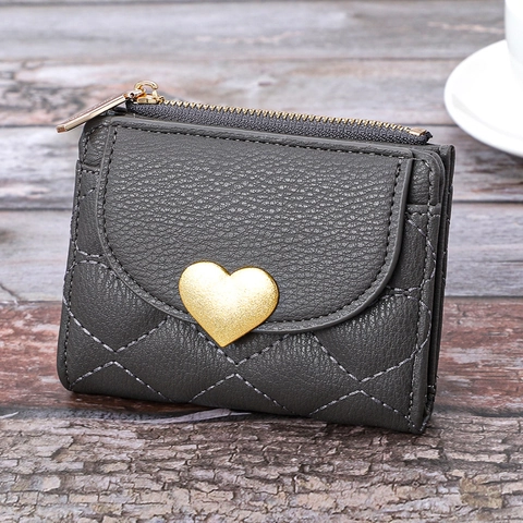Cartera Corta de Cuero PU para Mujer con Acolchado de Corazón y Cremallera Ranuras para Varias Tarjetas Monedero