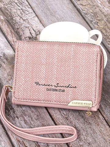 Women Short PU Leather Wallet Herringbone Pattern Zip Around Coin Purse With Wrist Strap Card Holder Letter Print Wallet