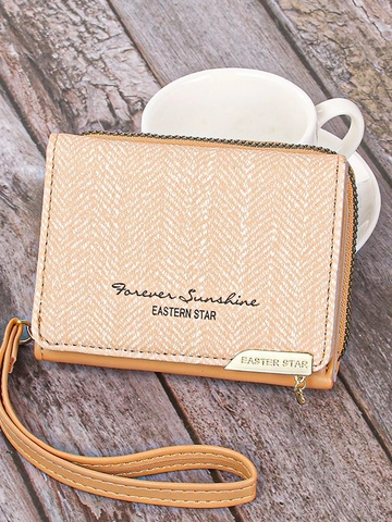 Women Short PU Leather Wallet Herringbone Pattern Zip Around Coin Purse With Wrist Strap Card Holder Letter Print Wallet