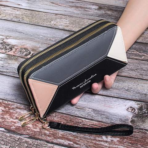Damen Geometrisches Farblock PU-Leder Lang Geldbörse Doppel-Reißverschluss Clutch Tasche Große Kapazität Handgelenktasche Kartenhalter
