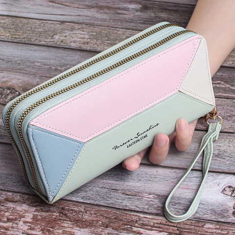 Damen Geometrisches Farblock PU-Leder Lang Geldbörse Doppel-Reißverschluss Clutch Tasche Große Kapazität Handgelenktasche Kartenhalter
