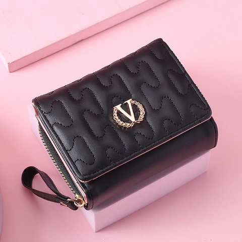 Damen Gesteppte PU Leder Kurze Brieftasche Mit Handschlaufe Gold V Logo Reißverschluss Münzfach Mode Mini Clutch Tasche