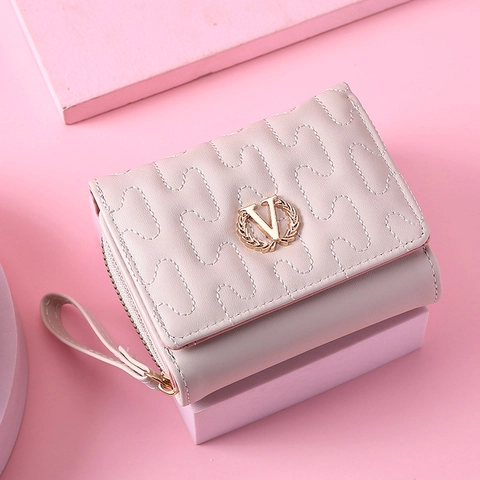 Damen Gesteppte PU Leder Kurze Brieftasche Mit Handschlaufe Gold V Logo Reißverschluss Münzfach Mode Mini Clutch Tasche