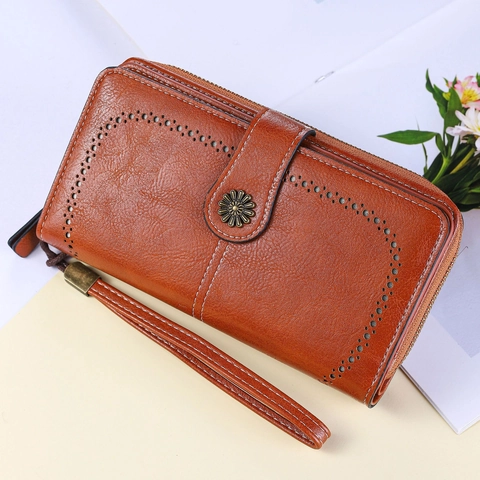 Portafoglio Lungo da Donna con Blocco RFID Grande Capacità in Pelle PU Pochette Fibbia a Fiore Cinturino Rimovibile Retrò