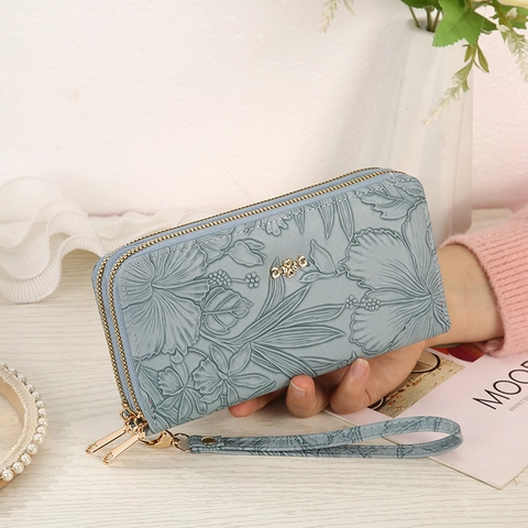 Cartera Larga para Mujer de Cuero PU con Relieve Floral Doble Cremallera Gran Capacidad Bolso de Mano Moda con Correa de Muñeca