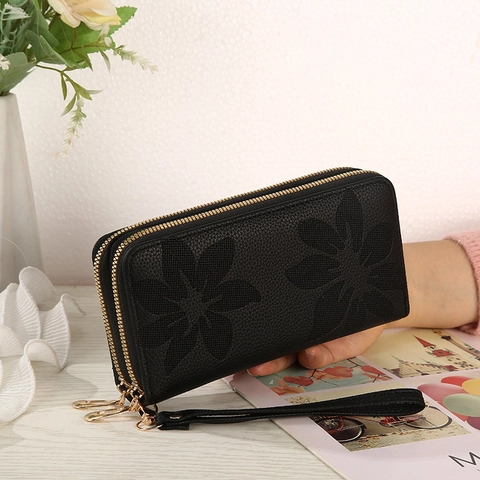 Portafoglio Lungo da Donna Con Doppia Cerniera in Pelle PU Con Fiori a Rilievo Borsa per Cellulare di Grande Capacità Con Cinturino