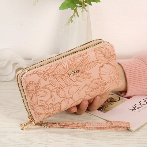 Cartera Larga para Mujer de Cuero PU con Relieve Floral Doble Cremallera Gran Capacidad Bolso de Mano Moda con Correa de Muñeca