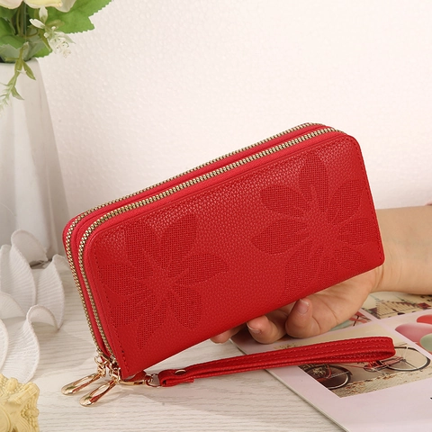 Portafoglio Lungo da Donna Con Doppia Cerniera in Pelle PU Con Fiori a Rilievo Borsa per Cellulare di Grande Capacità Con Cinturino