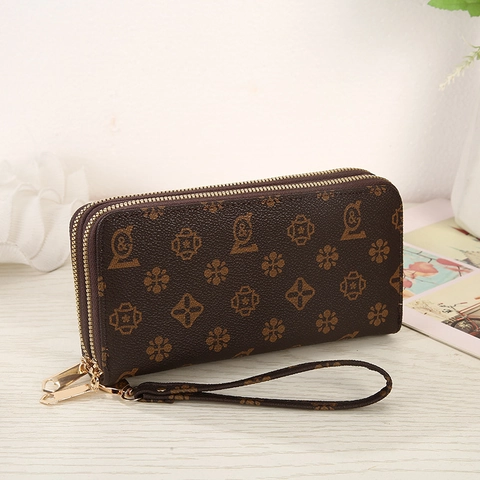 Portefeuille Long en Cuir PU Rétro pour Femmes avec Impression Monogramme Double Fermeture Éclair Pochette et Dragonne