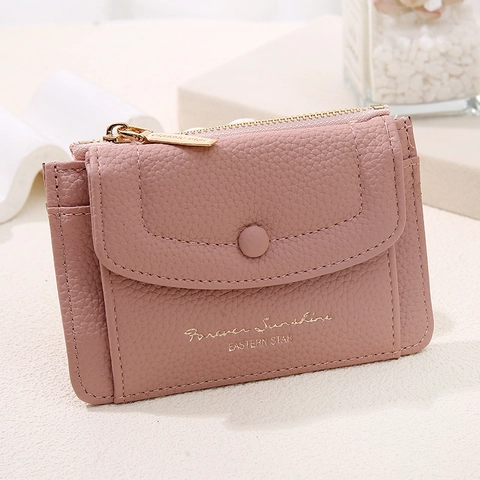 Porte-monnaie Court en Cuir PU pour Femmes Texture Litchi Protection RFID Porte-cartes Mini Portefeuille Fermeture Éclair