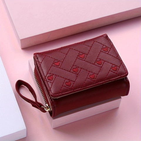 Damen Kurze Brieftasche PU Leder Herz Bestickt Gesteppt Zweifach Reißverschluss Münzfach Kartenhalter Mode Handtasche