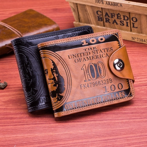 Retro Herren Zweifach Brieftasche Mit Hundert-Dollar-Schein Druck PU Leder Kurz Schlank Kreditkartenhalter Druckknopf Portemonnaie