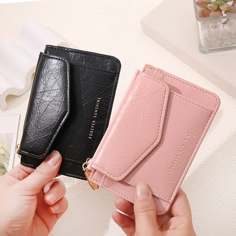 Petit Portefeuille en Cuir PU pour Femmes Texture Plissée Porte-Cartes Minimaliste Court Porte-Monnaie Avec Fermeture Éclair Bouton Pression
