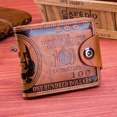 Retro Herren Zweifach Brieftasche Mit Hundert-Dollar-Schein Druck PU Leder Kurz Schlank Kreditkartenhalter Druckknopf Portemonnaie