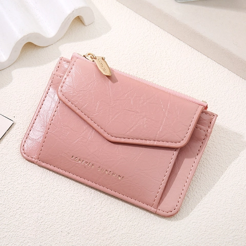 Petit Portefeuille en Cuir PU pour Femmes Texture Plissée Porte-Cartes Minimaliste Court Porte-Monnaie Avec Fermeture Éclair Bouton Pression