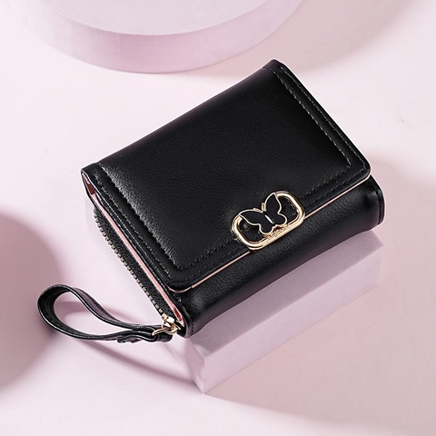 Petit Portefeuille Femme en Cuir PU Élégant Boucle Papillon Dorée Porte-monnaie Pliable à Fermeture Éclair avec Dragonne