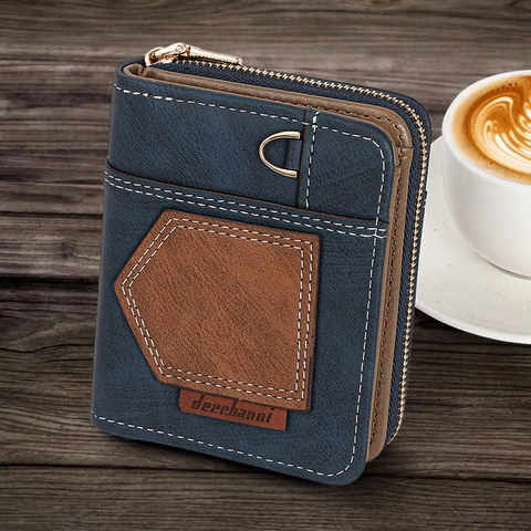 Portefeuille Court en Cuir PU à Épissage pour Hommes Vintage avec Poche Zippée Surpiqûres Contrastées Porte-Cartes Business
