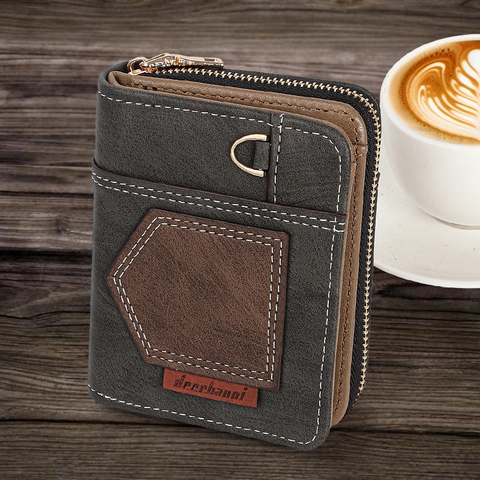 Portefeuille Court en Cuir PU à Épissage pour Hommes Vintage avec Poche Zippée Surpiqûres Contrastées Porte-Cartes Business