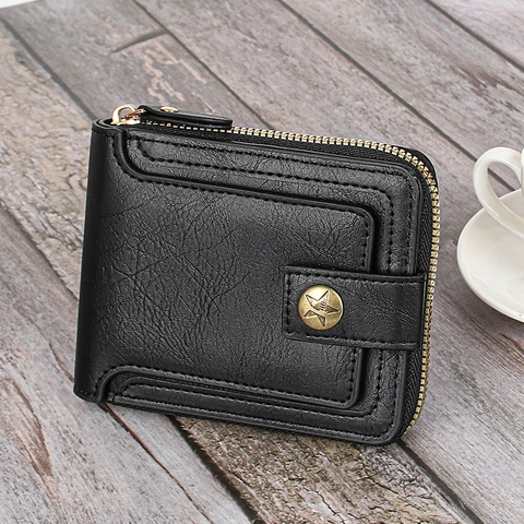 Portefeuille Court en Cuir PU Rétro pour Hommes Avec Fermeture Éclair et Bouton Étoile Motif Litchi Porte-Monnaie Bifold