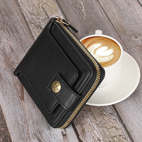Portefeuille Court en Cuir PU Rétro pour Hommes Avec Fermeture Éclair et Bouton Étoile Motif Litchi Porte-Monnaie Bifold